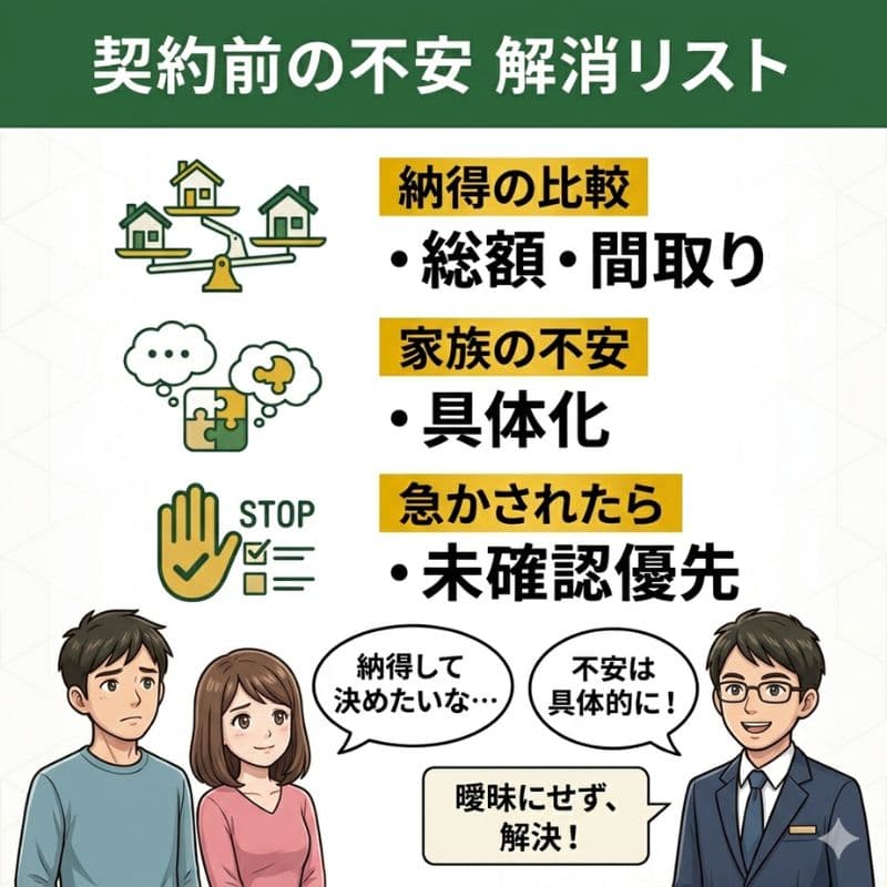 一条工務店の契約前不安解消リスト。総額比較、家族の不安具体化、未確認優先の要点。