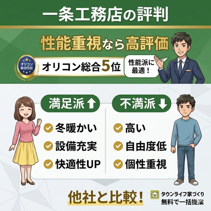 一条工務店の評判は性能重視派から高評価。オリコン5位。満足・不満派の口コミ比較図。