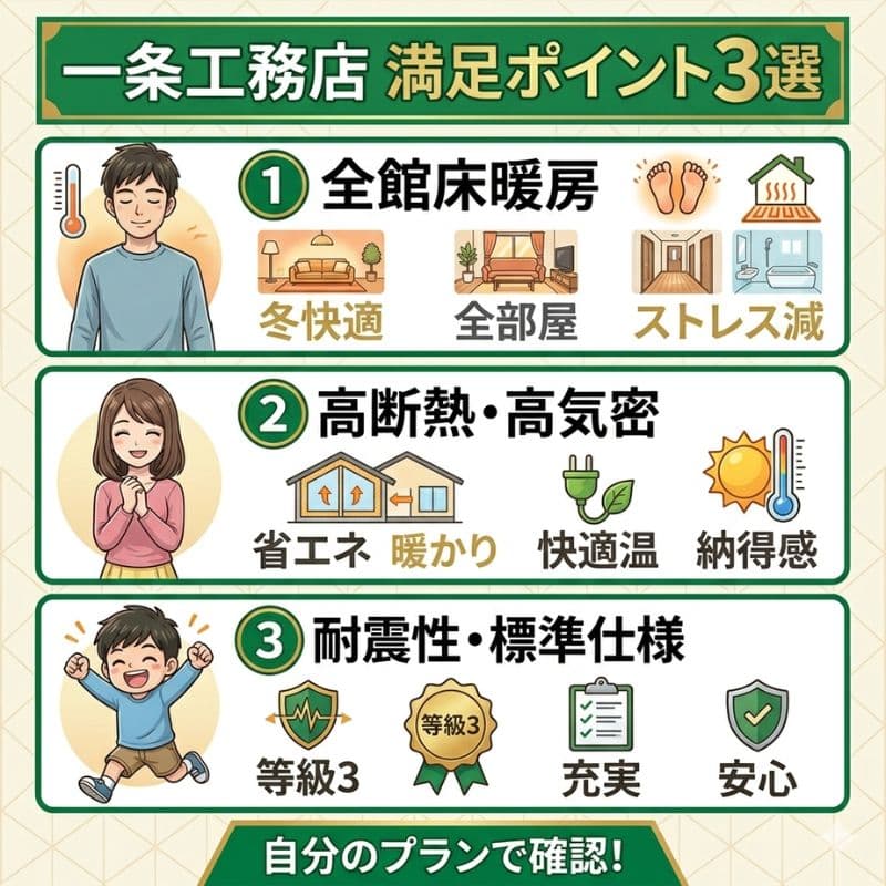 一条工務店の満足ポイント3選。床暖房、断熱性、耐震性のイラスト解説。