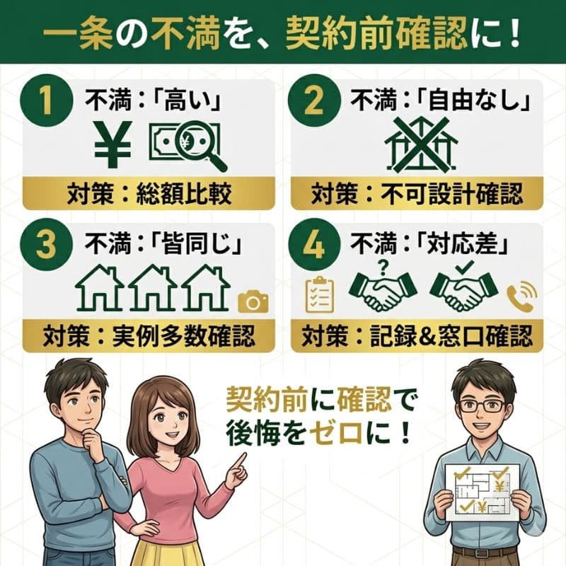 一条工務店の高い・自由なし等の不満を、契約前の確認で後悔ゼロにする図解。