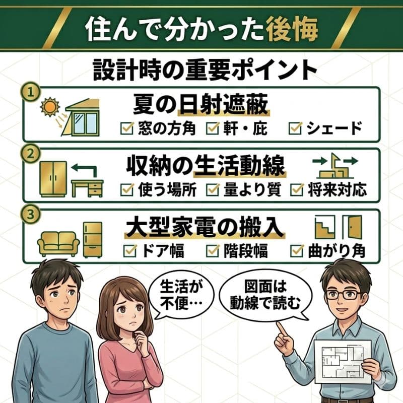 一条工務店で建てる時の後悔ポイント。日射、収納、搬入を解説。