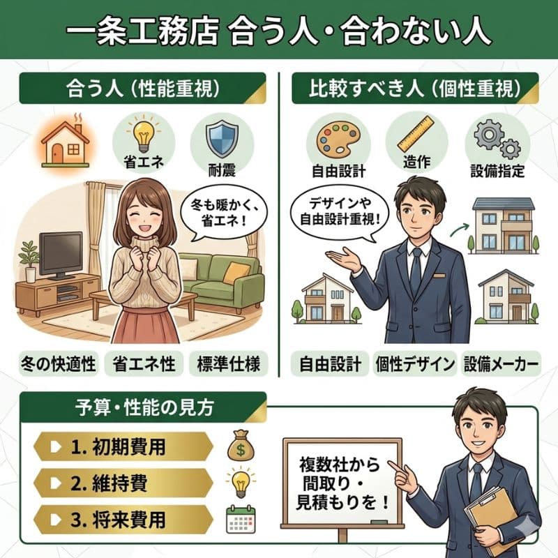 一条工務店と他社を比較する際のポイントを性能と個性で図解