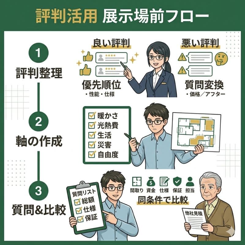 一条工務店展示場前準備。評判を整理し、質問リストで他社と比較するフロー。