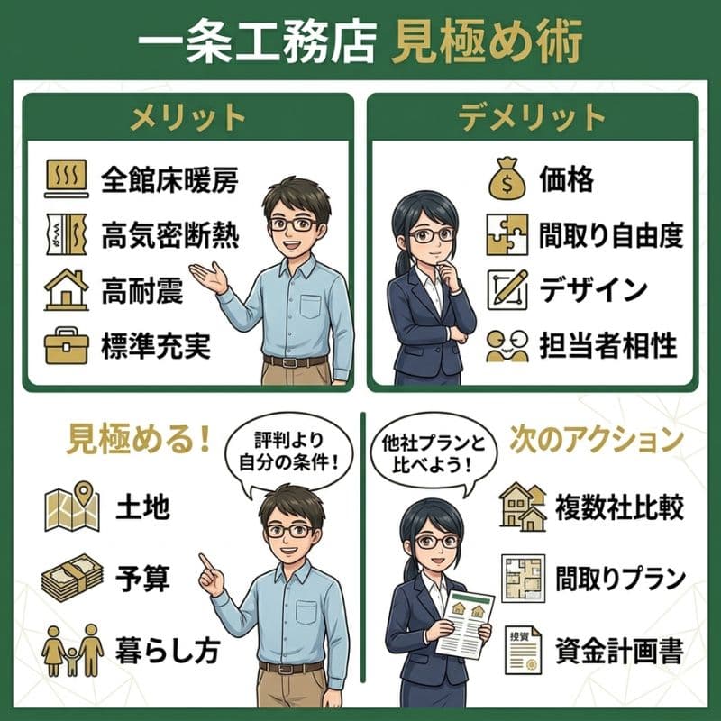 一条工務店のメリット・デメリット、見極めポイント、次のアクションをまとめた図解。