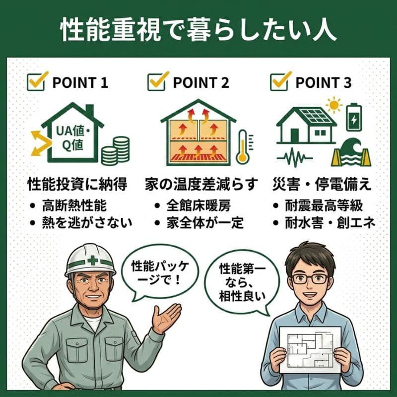 一条工務店の性能住宅。高断熱、全館床暖房、防災・創エネの3つのパッケージを解説。