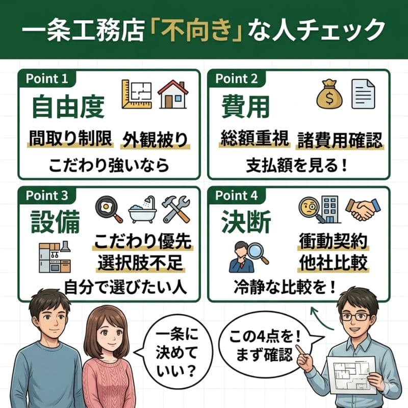一条工務店「不向き」な人チェック。自由度・費用など4つのポイント。