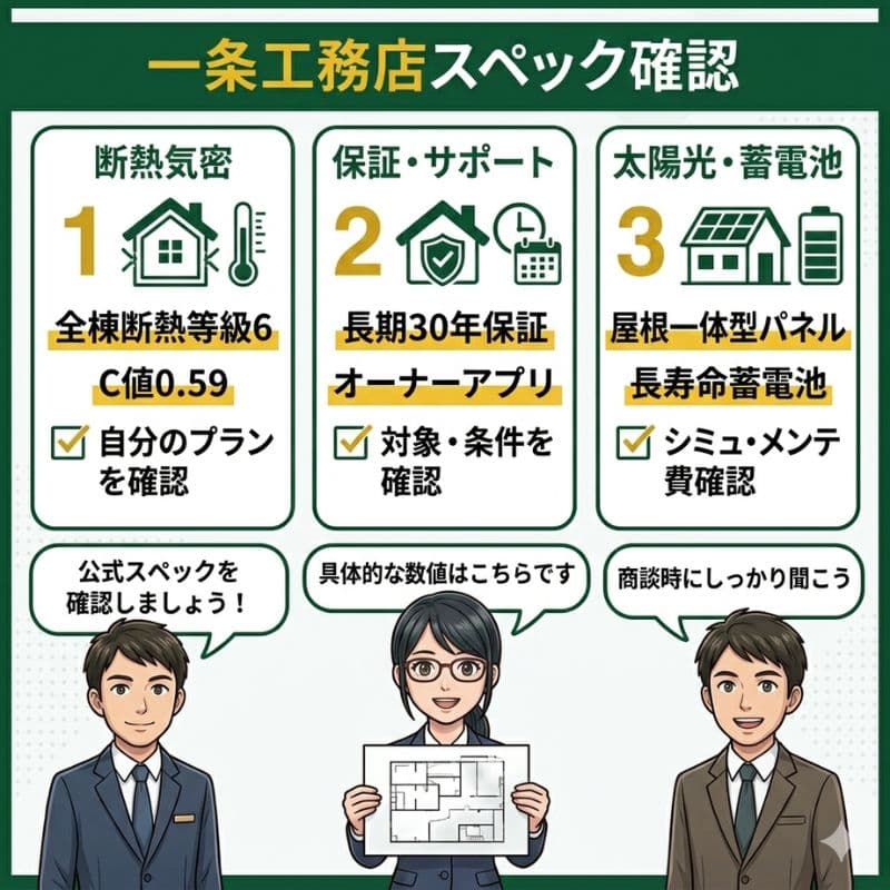 一条工務店の住宅スペック（断熱・保証・太陽光）の3つの確認ポイントを解説する図。