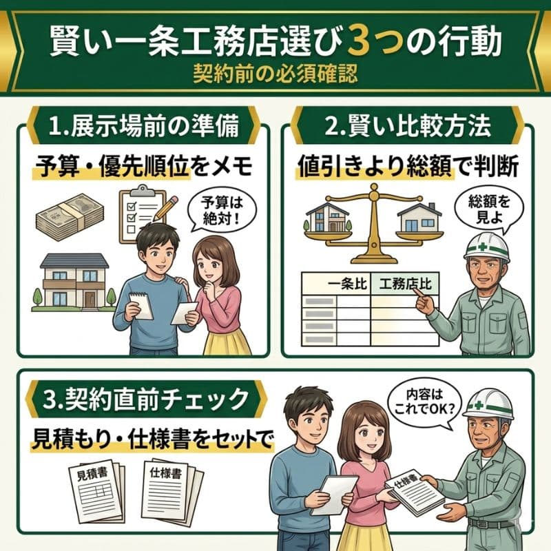 一条工務店選びの契約前に確認すべき3つの行動をまとめたイラスト解説。
