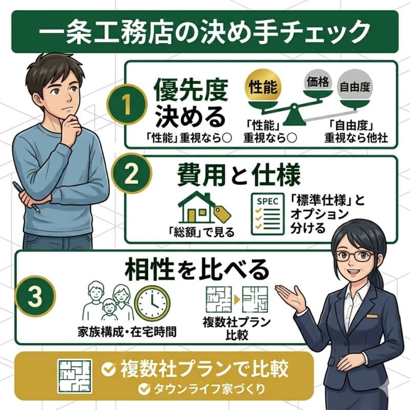 一条工務店の決め手チェック。優先度、費用、相性の比較ポイントを解説。