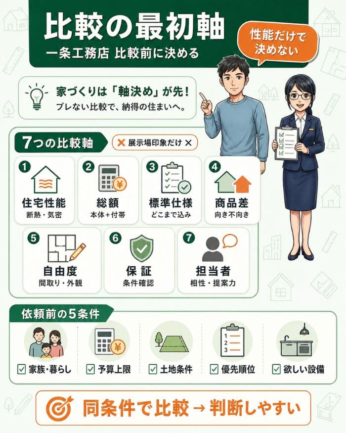 一条工務店比較で決める7つの軸と依頼前5条件の図解