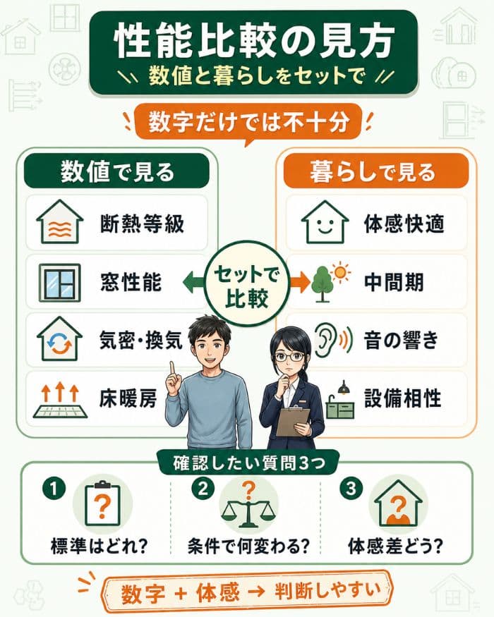 住宅性能を数値と暮らしやすさの両面で比べる図解