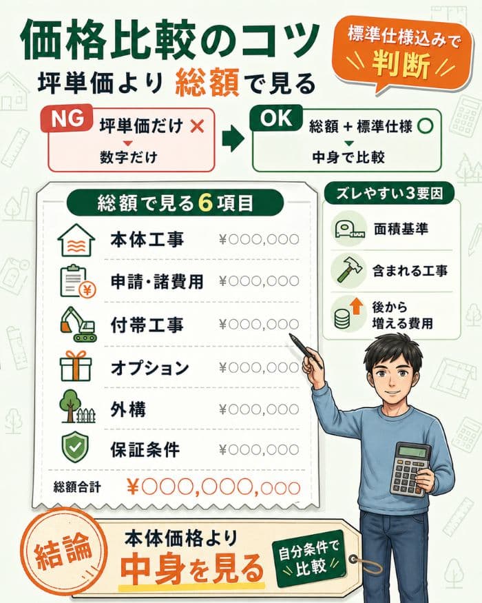 坪単価でなく総額と標準仕様込みで価格比較する図解