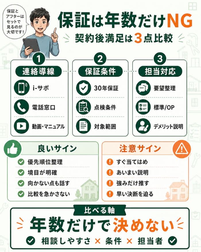 保証年数だけでなくアフター対応も比べる図解