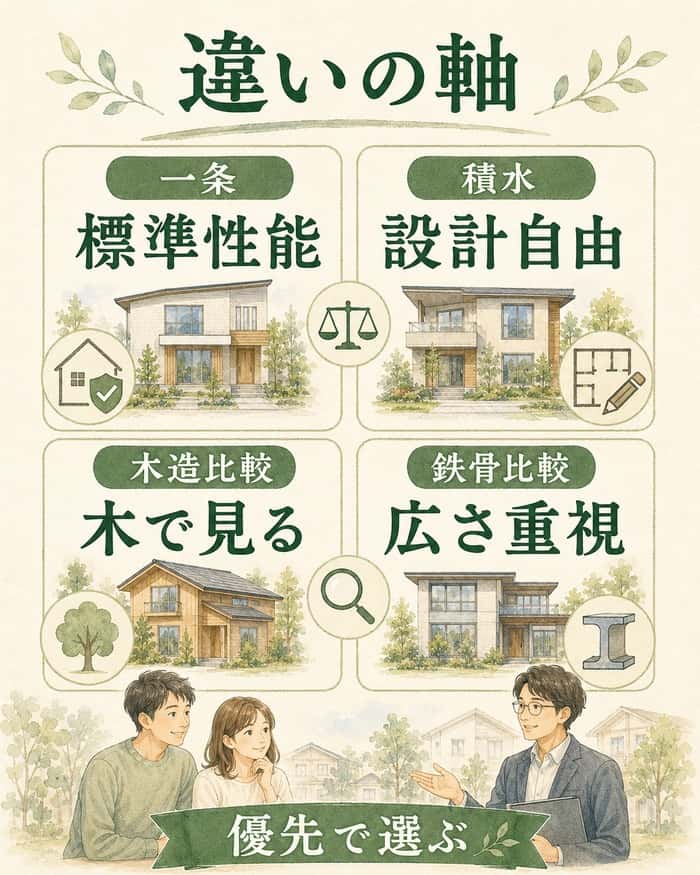 一条工務店と積水ハウスの違いを優先軸で整理した比較図