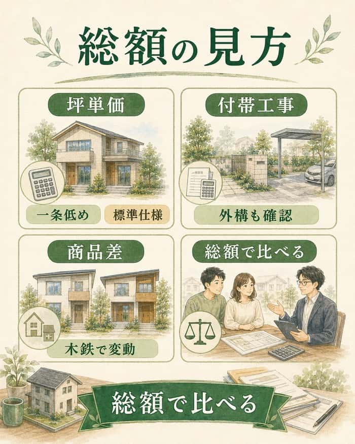 坪単価だけでなく標準仕様や付帯工事を含めて総額を比べる図