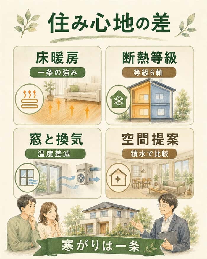 床暖房や断熱等級など住み心地の比較ポイントを示す図