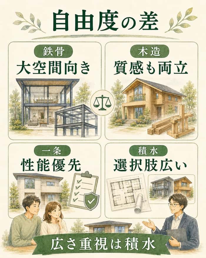 鉄骨と木造の選択肢から設計自由度の違いを整理した図