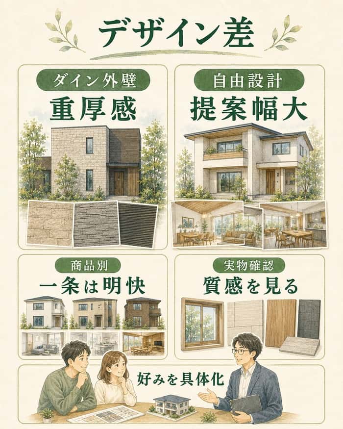 外壁や自由設計、商品別の世界観からデザイン差を見る図