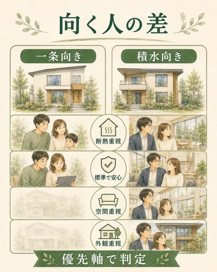 一条工務店向きと積水ハウス向きの人を優先軸で比べる図