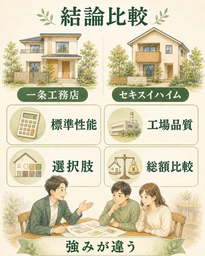 一条工務店とセキスイハイムの強みを比較する図
