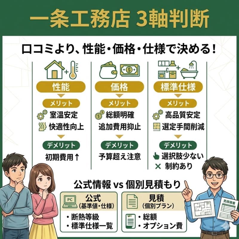 一条工務店の家づくりを性能・価格・仕様で判断するインフォグラフィック。