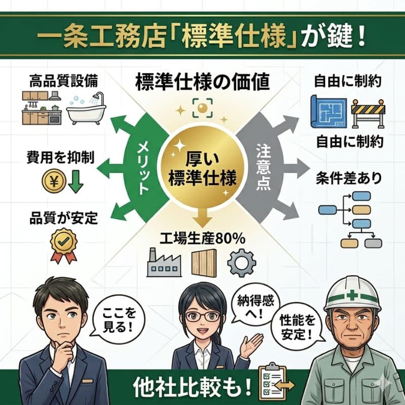 一条工務店の標準仕様のメリット（高品質・低コスト）と注意点（制約・工場生産）を図解。
