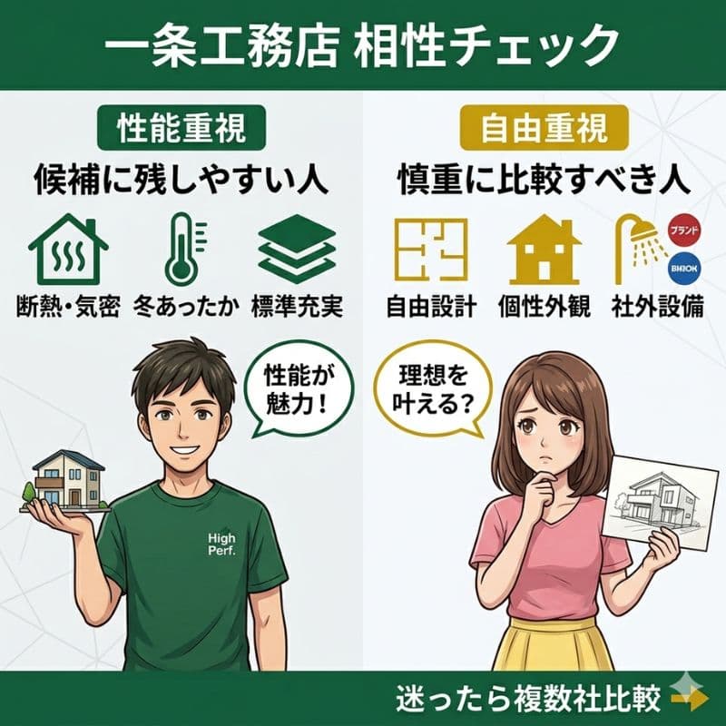 一条工務店と相性を確認する、性能と自由設計の比較図。