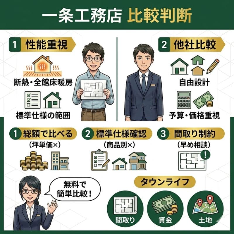 一条工務店と他社を性能、価格、標準仕様、間取り制約で比較判断するポイント