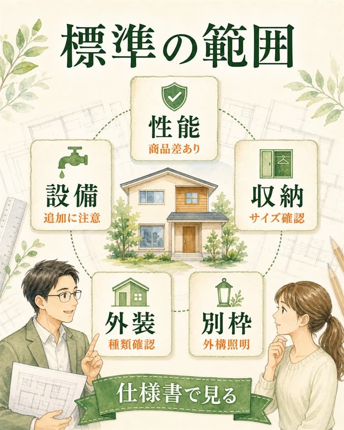 一条工務店の標準仕様の範囲と別枠項目を整理した図解