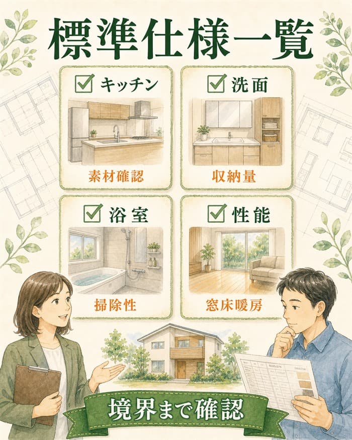 キッチンや洗面など標準仕様一覧を確認するチェック図解