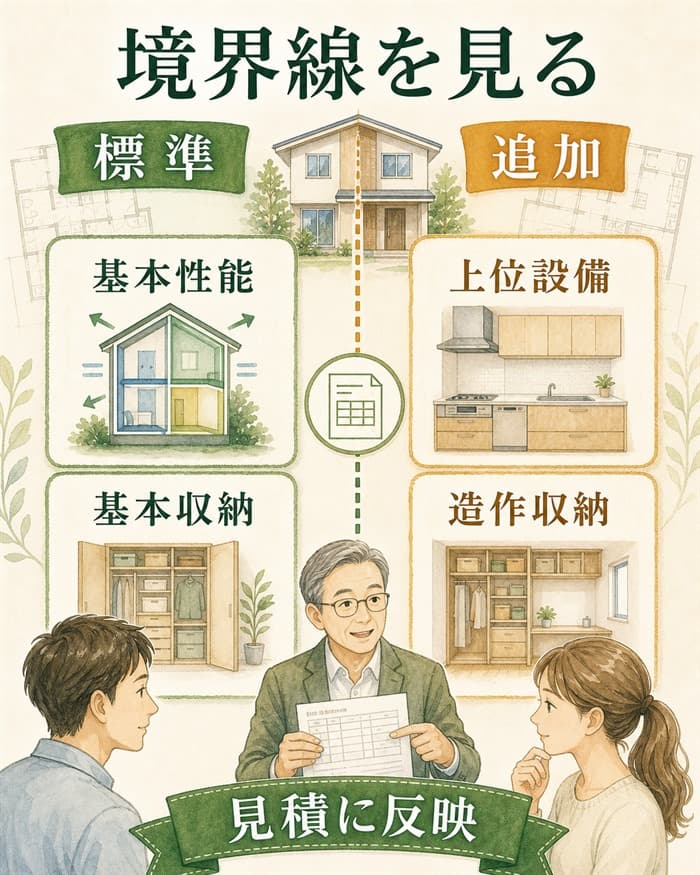 標準仕様とオプションの境界線を比較して確認する図解