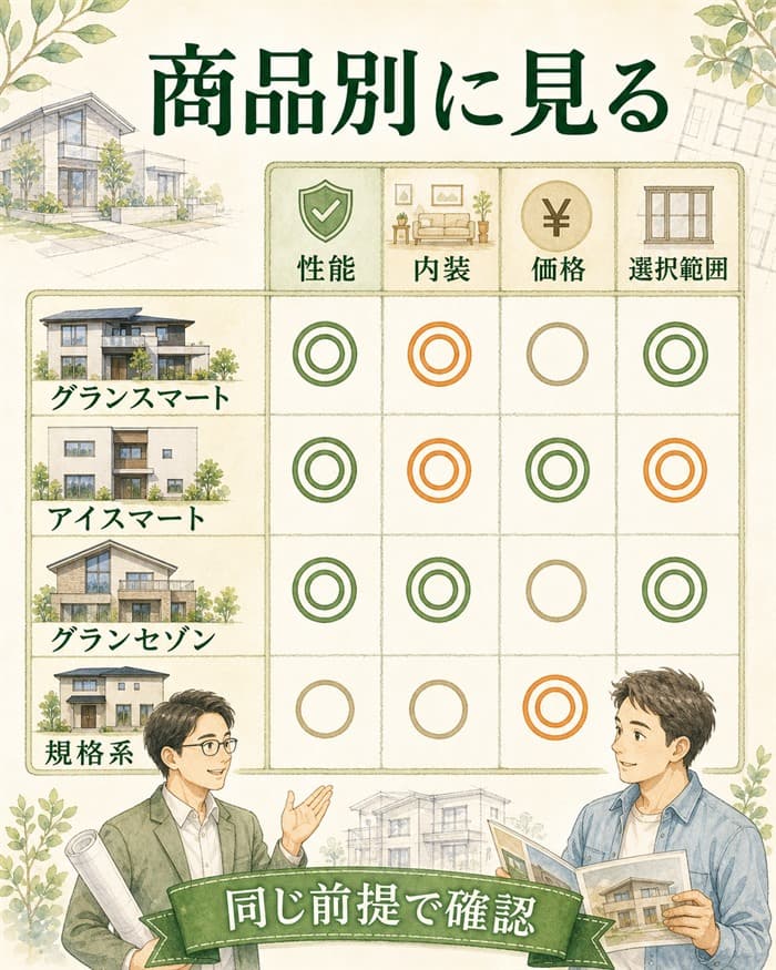 商品タイプ別に標準仕様の見方を変える比較表図解