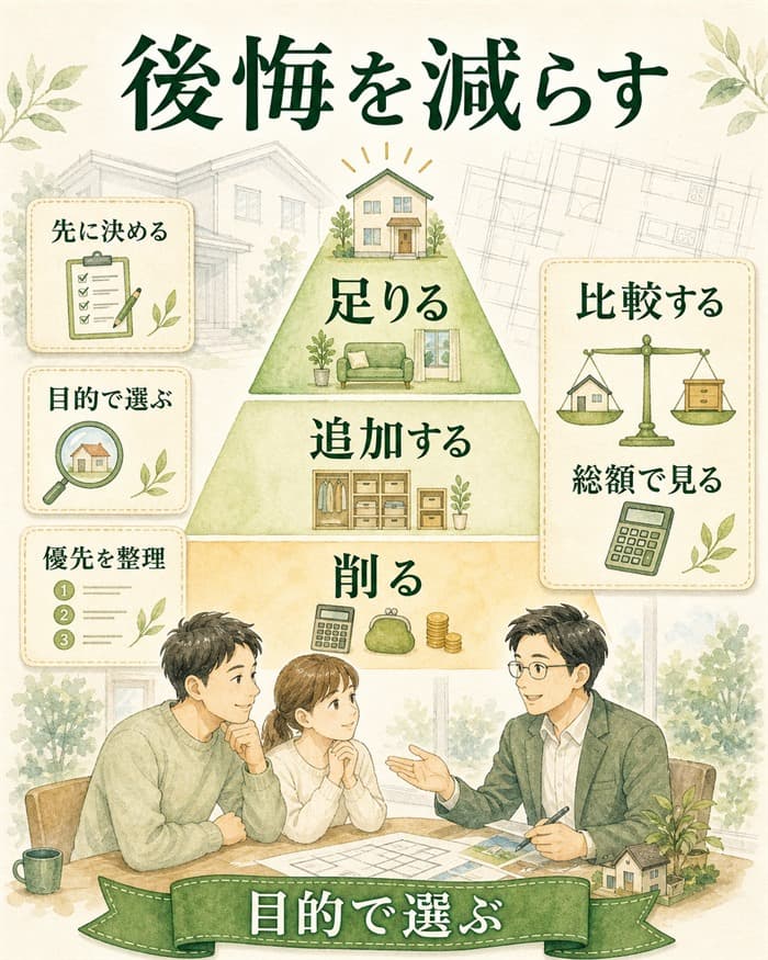 標準仕様で後悔を減らす優先順位と目的整理の図解