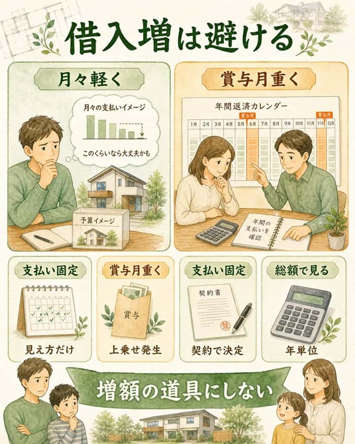 ボーナス返済で借入額を増やさない判断を示す図解