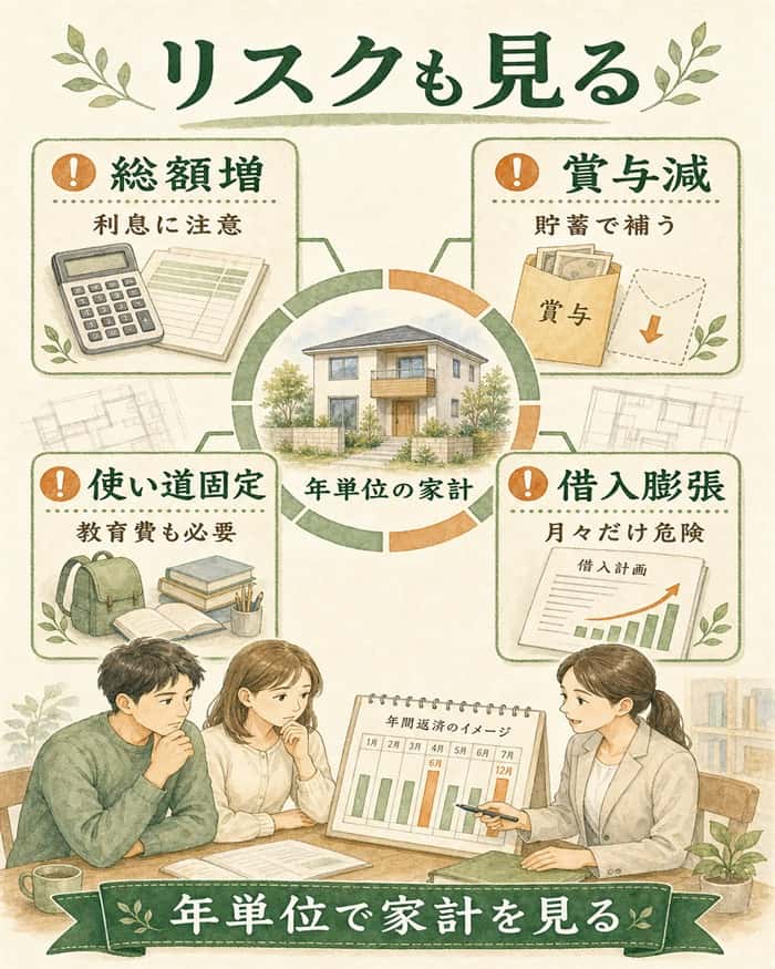 ボーナス返済の総額増と家計リスクを示す内訳図