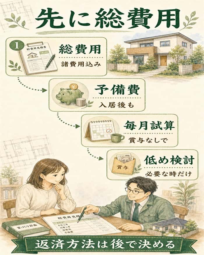 注文住宅の総費用確認を返済方法より先に示す流れ図