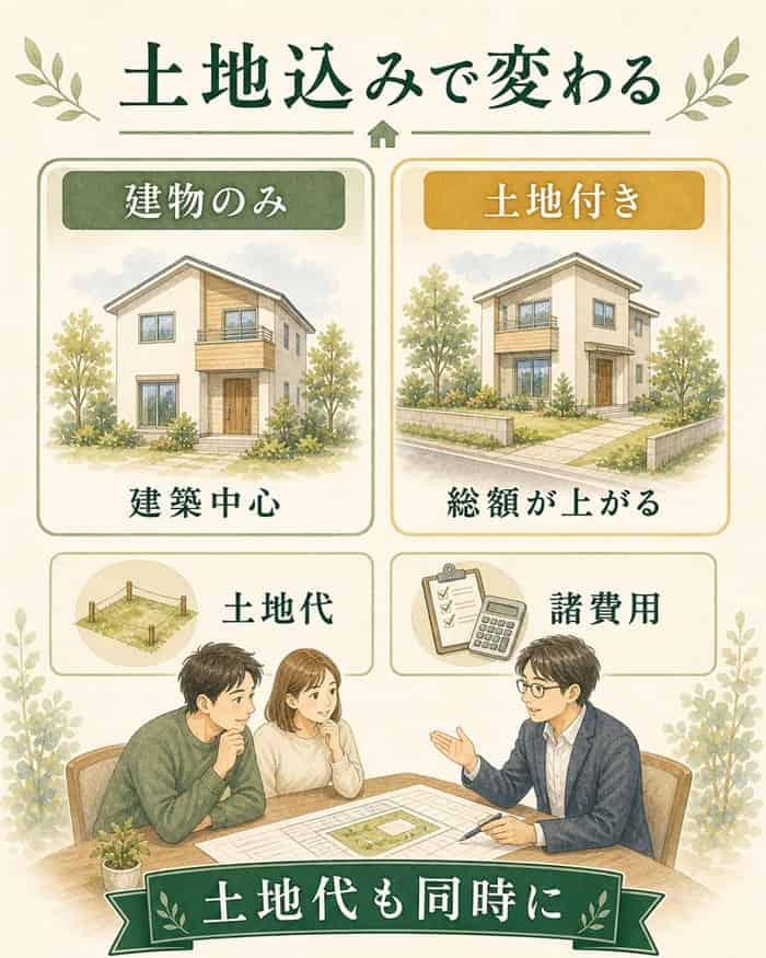 土地込みと建物のみで総額が変わる比較図解