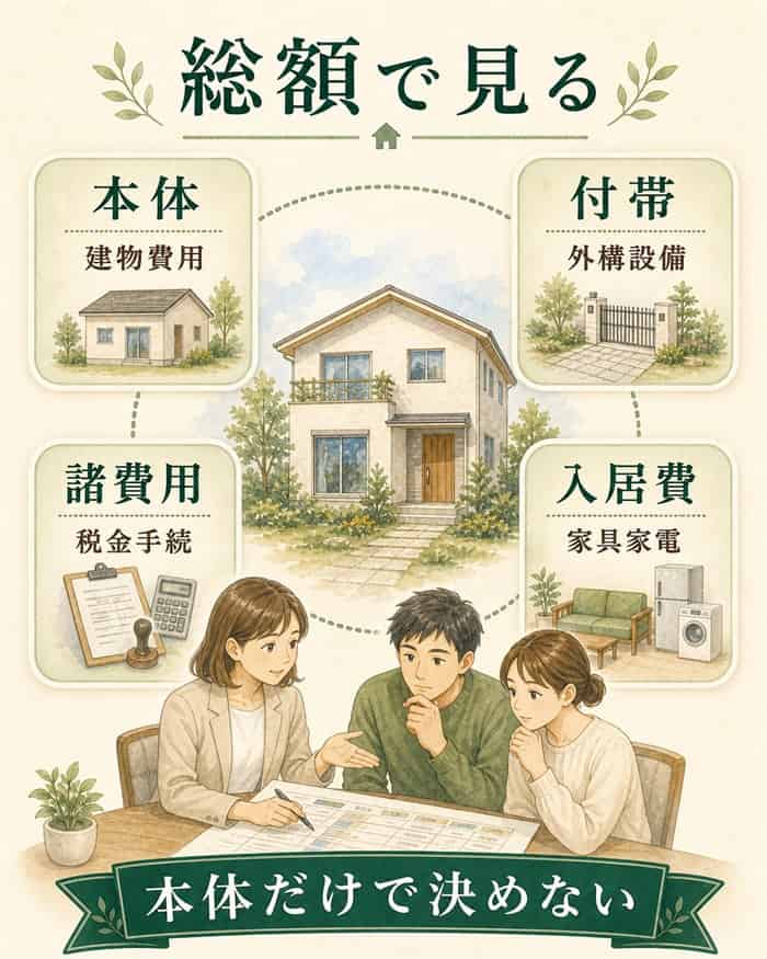 本体価格以外の費用を総額で整理する図解