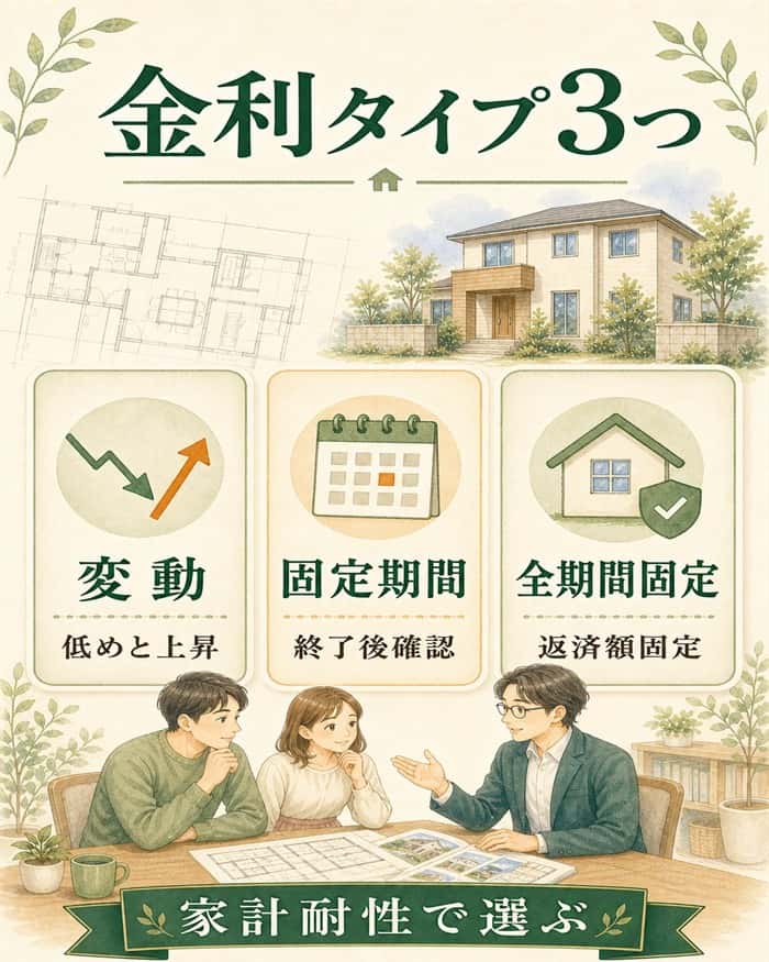 金利タイプ3種類を比較した住宅ローン図解