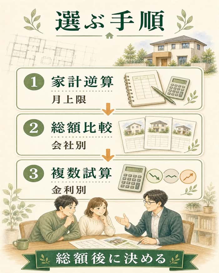 注文住宅の住宅ローン選びの手順を示す図解