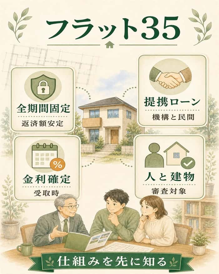 フラット35の仕組みを4項目で整理した住宅ローン図解