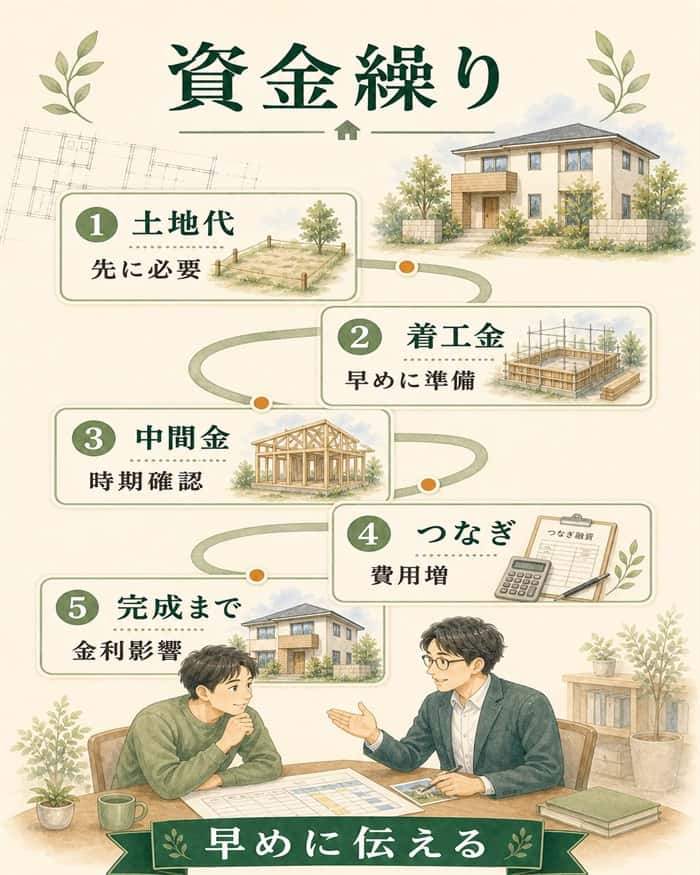 注文住宅の完成前資金繰りを時系列で示す図解