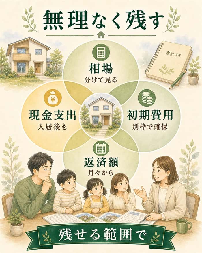 頭金を無理なく残せる範囲で決める図解