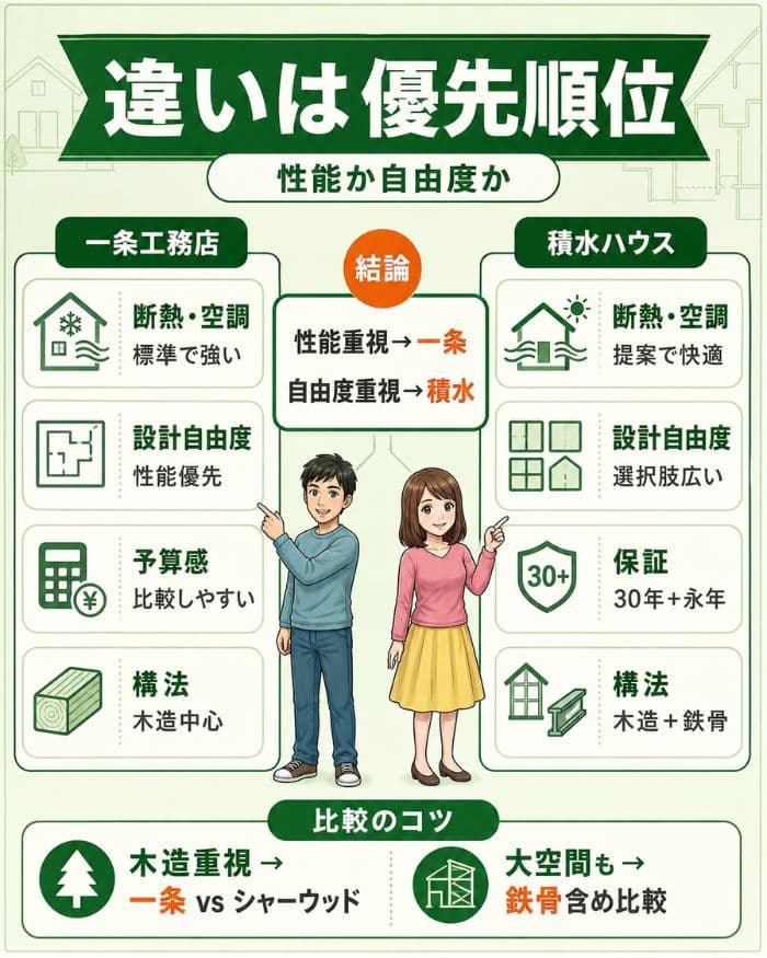 一条工務店と積水ハウスの違いを優先順位で比較