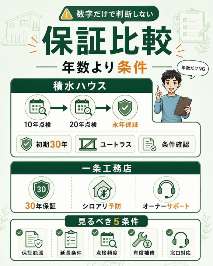 保証年数より条件を見る保証比較インフォグラフィック