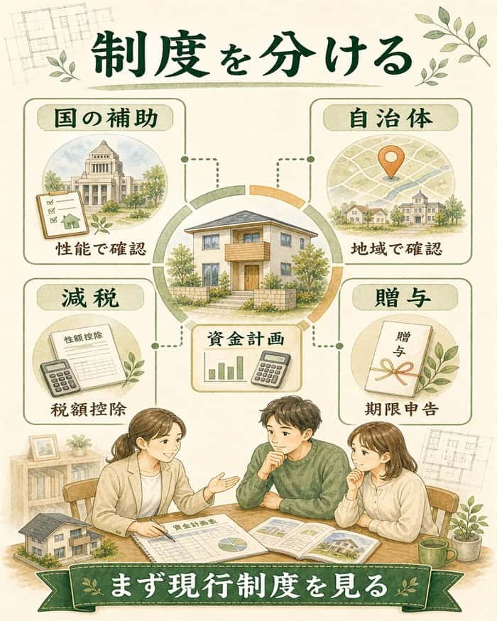 注文住宅で確認する住宅支援制度を種類別に分けた図解