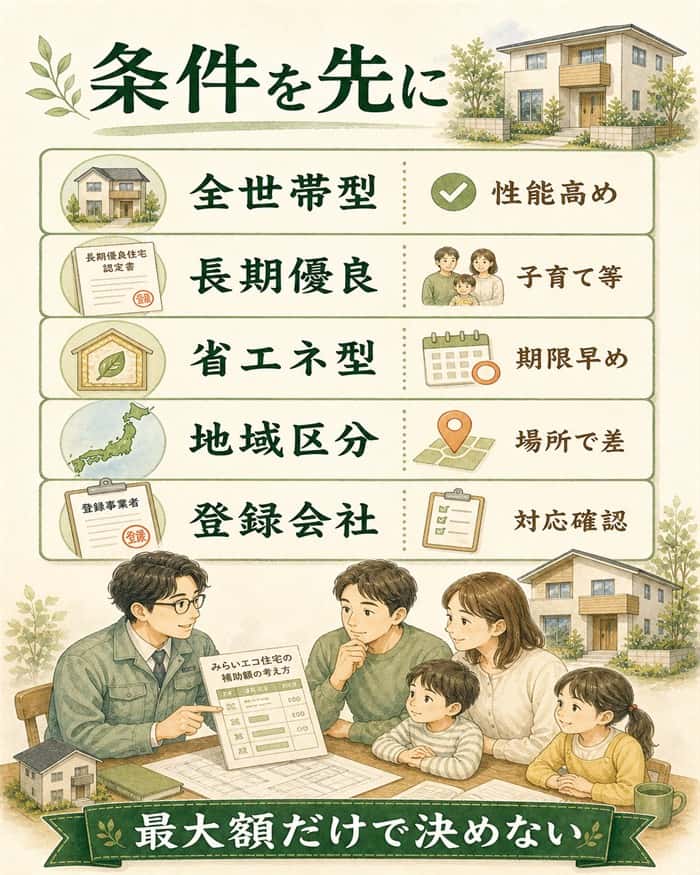 みらいエコ住宅の対象条件を先に確認する整理図