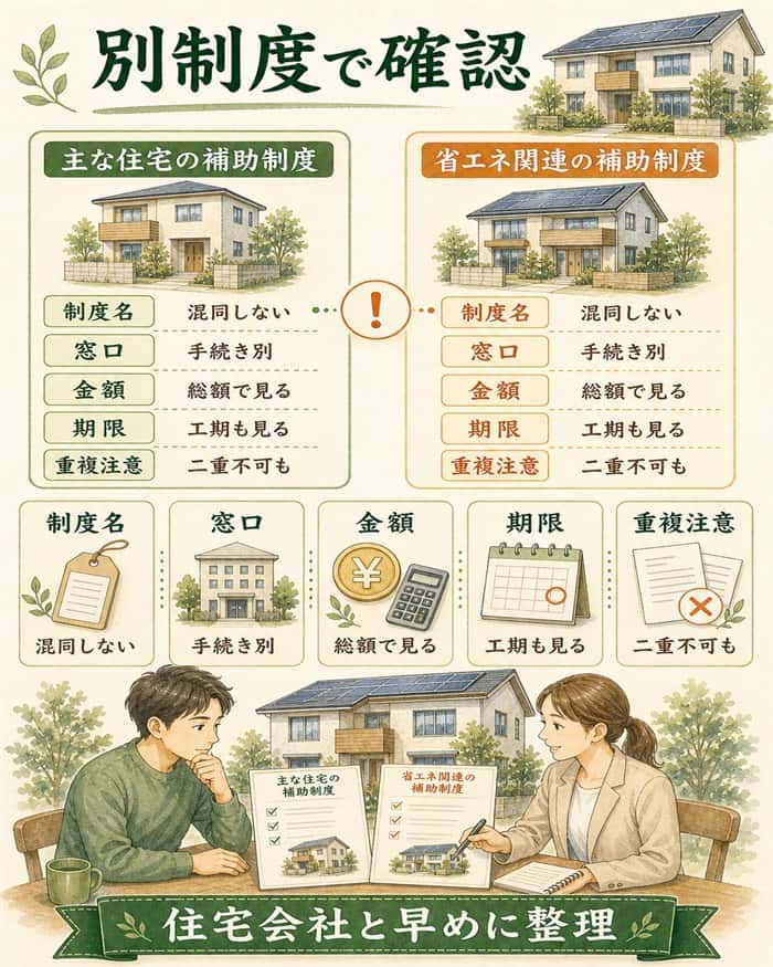 省エネ住宅の補助制度を別制度として比較する図解