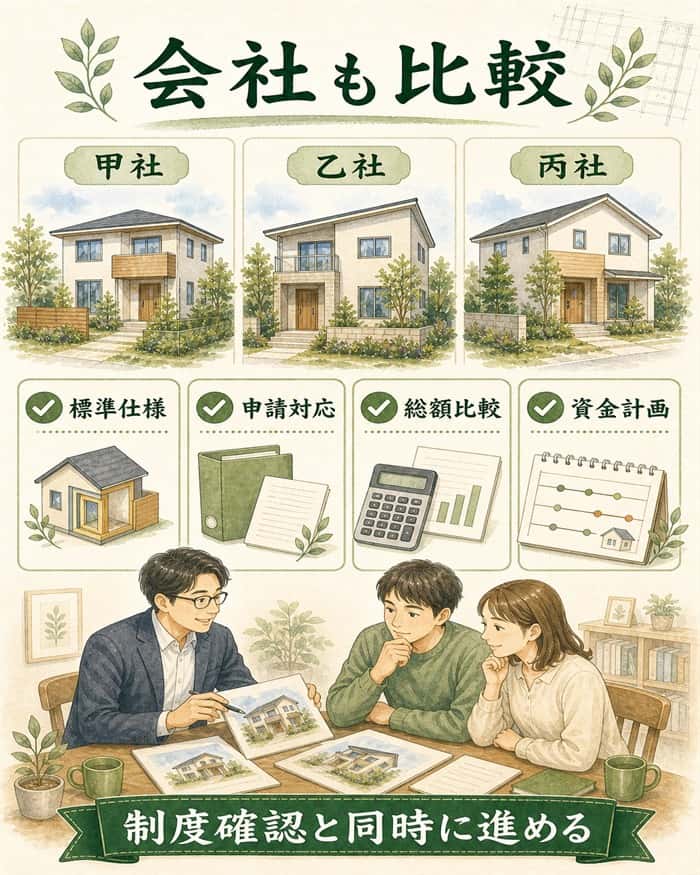 補助金対応を住宅会社ごとに比較する住宅提案図