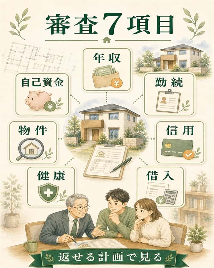 住宅ローン審査で見られる7項目を整理した図解